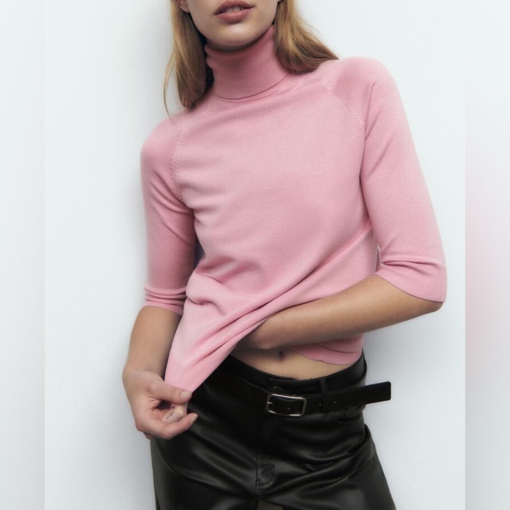 Zara High Collar Turtleneck Fine Ribbed Knit 3/4 Sleeve Sweater in Pink